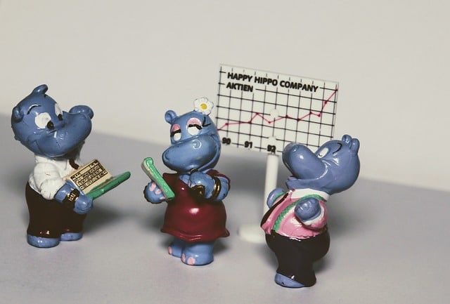 Trois figurines d'hippopotames en tenue professionnelle devant un graphique de performance intitulé 'Happy Hippo Company', symbolisant l'analyse de marché et la collaboration d'équipe.